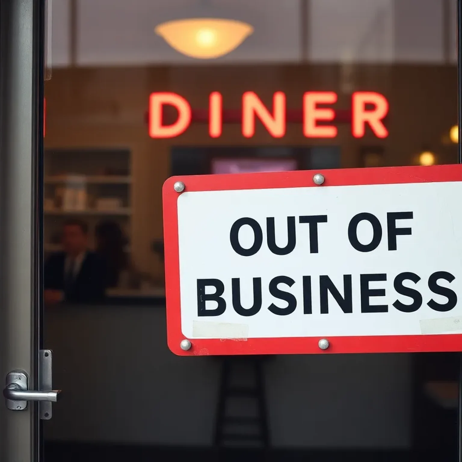 Sign on the front door of College Park Café stating 'OUT OF BUSINESS!'