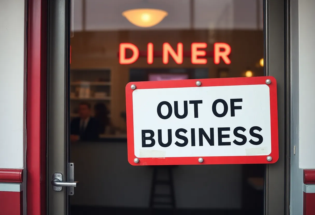 Sign on the front door of College Park Café stating 'OUT OF BUSINESS!'