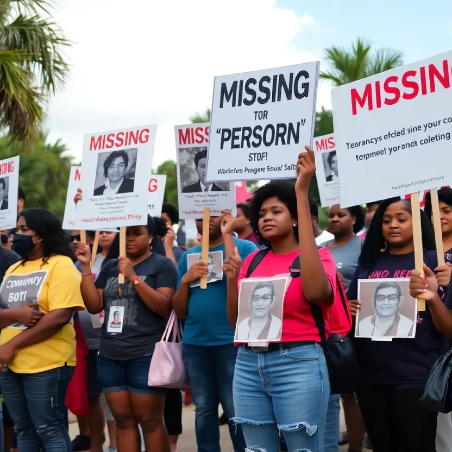 Community members holding awareness signs for missing persons in Orlando