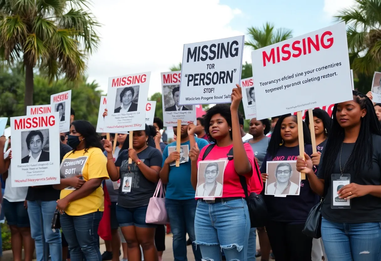 Community members holding awareness signs for missing persons in Orlando