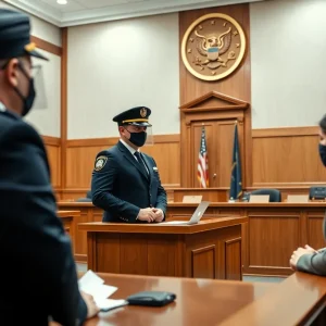 Illustration of courtroom proceedings related to online threats
