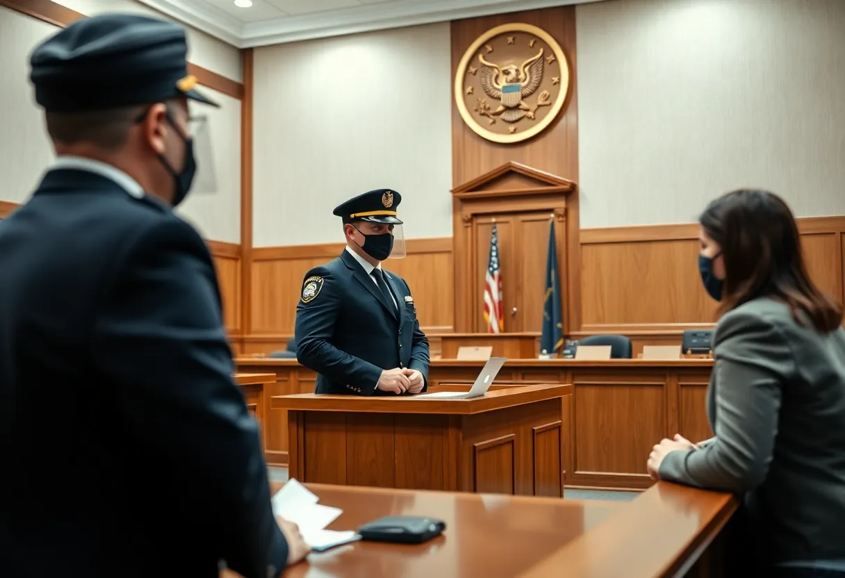 Illustration of courtroom proceedings related to online threats