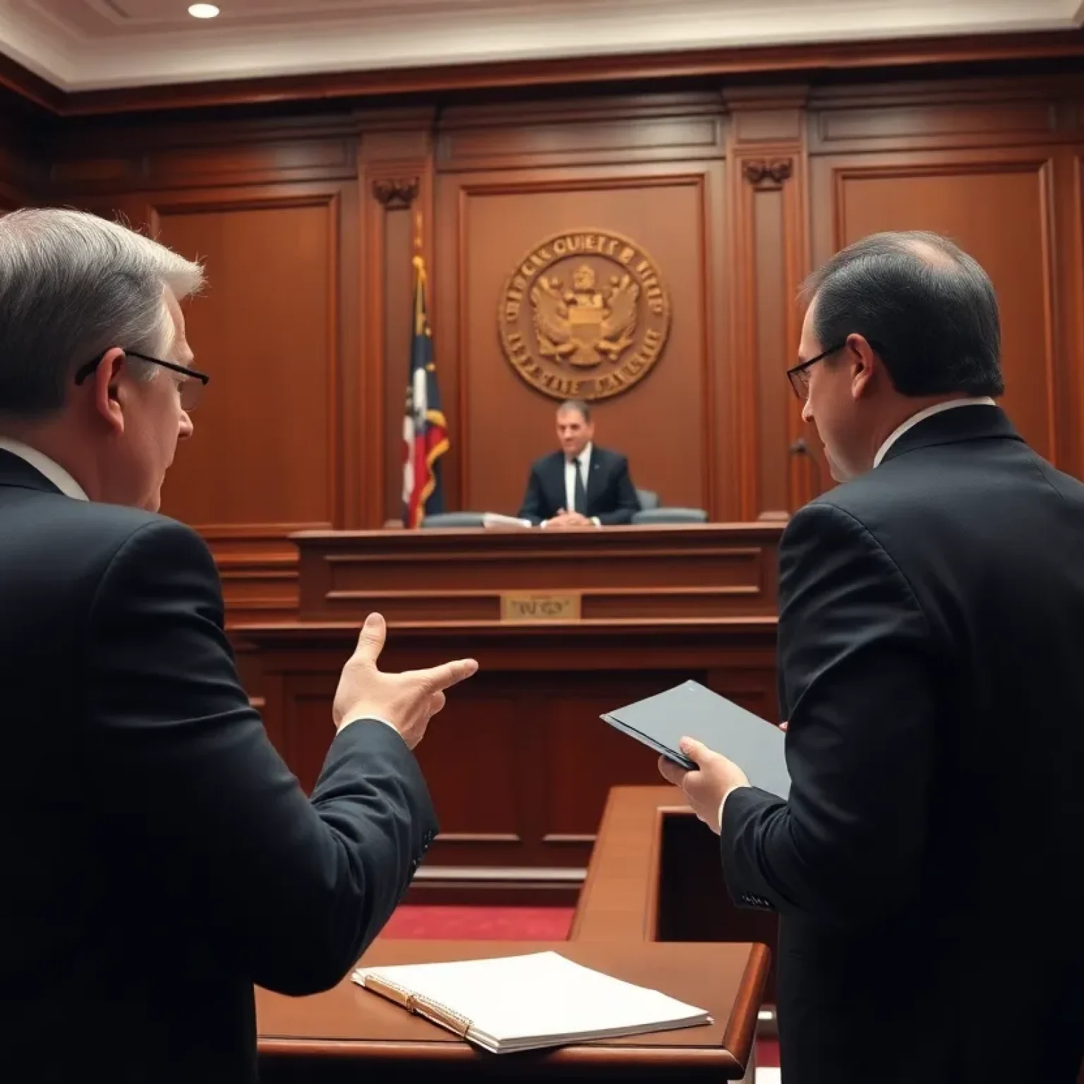 A courtroom filled with lawyers and a judge during a legal hearing.