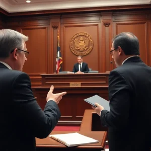 A courtroom filled with lawyers and a judge during a legal hearing.