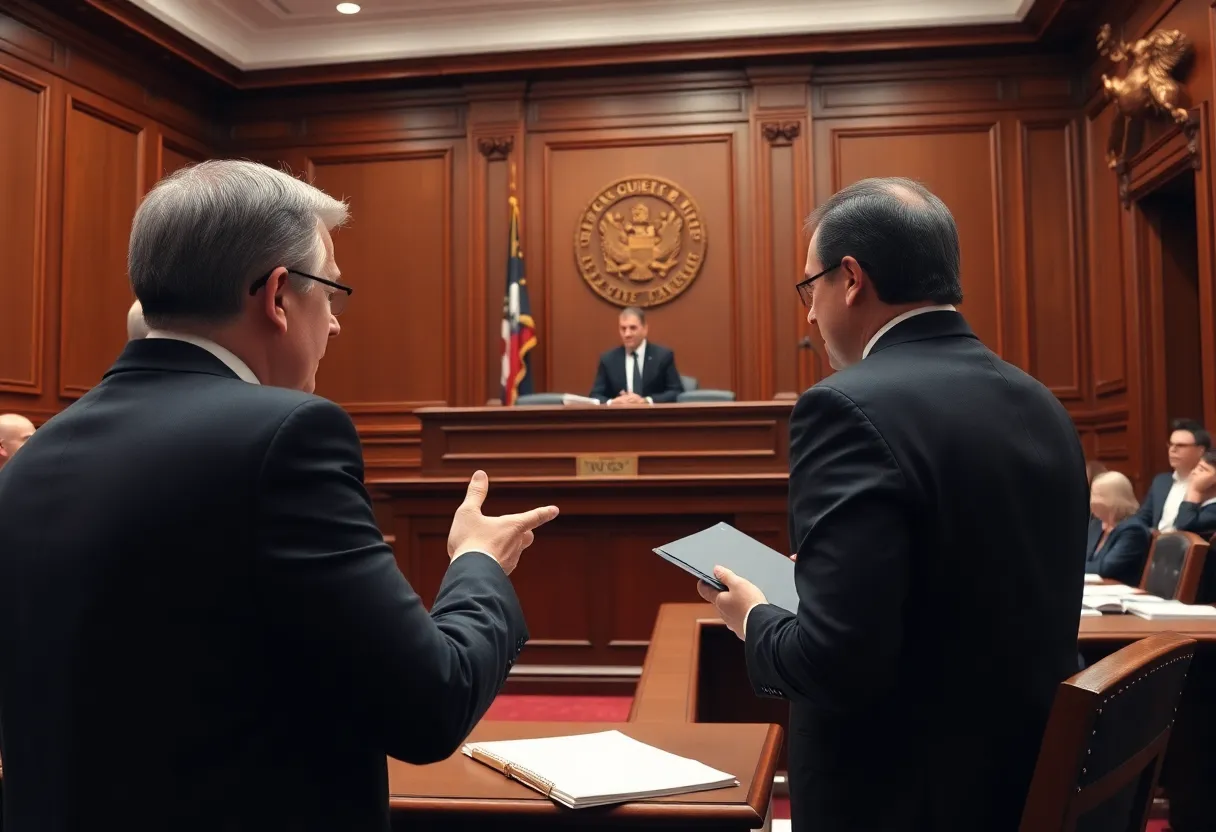 A courtroom filled with lawyers and a judge during a legal hearing.