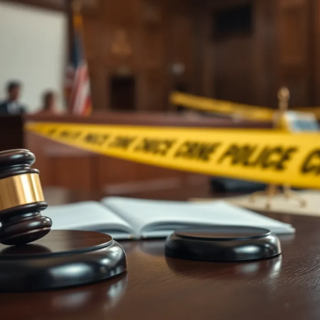 A courtroom with legal documents and a gavel