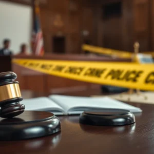 A courtroom with legal documents and a gavel