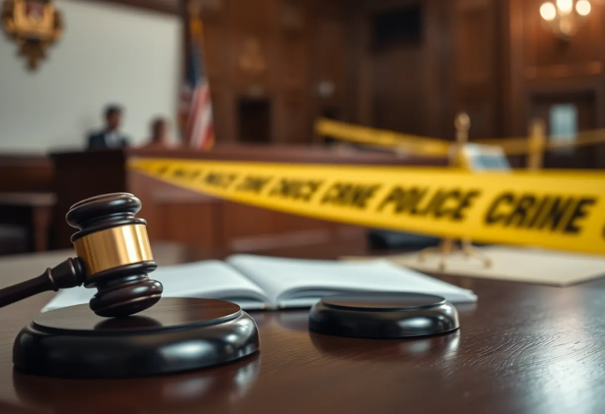 A courtroom with legal documents and a gavel