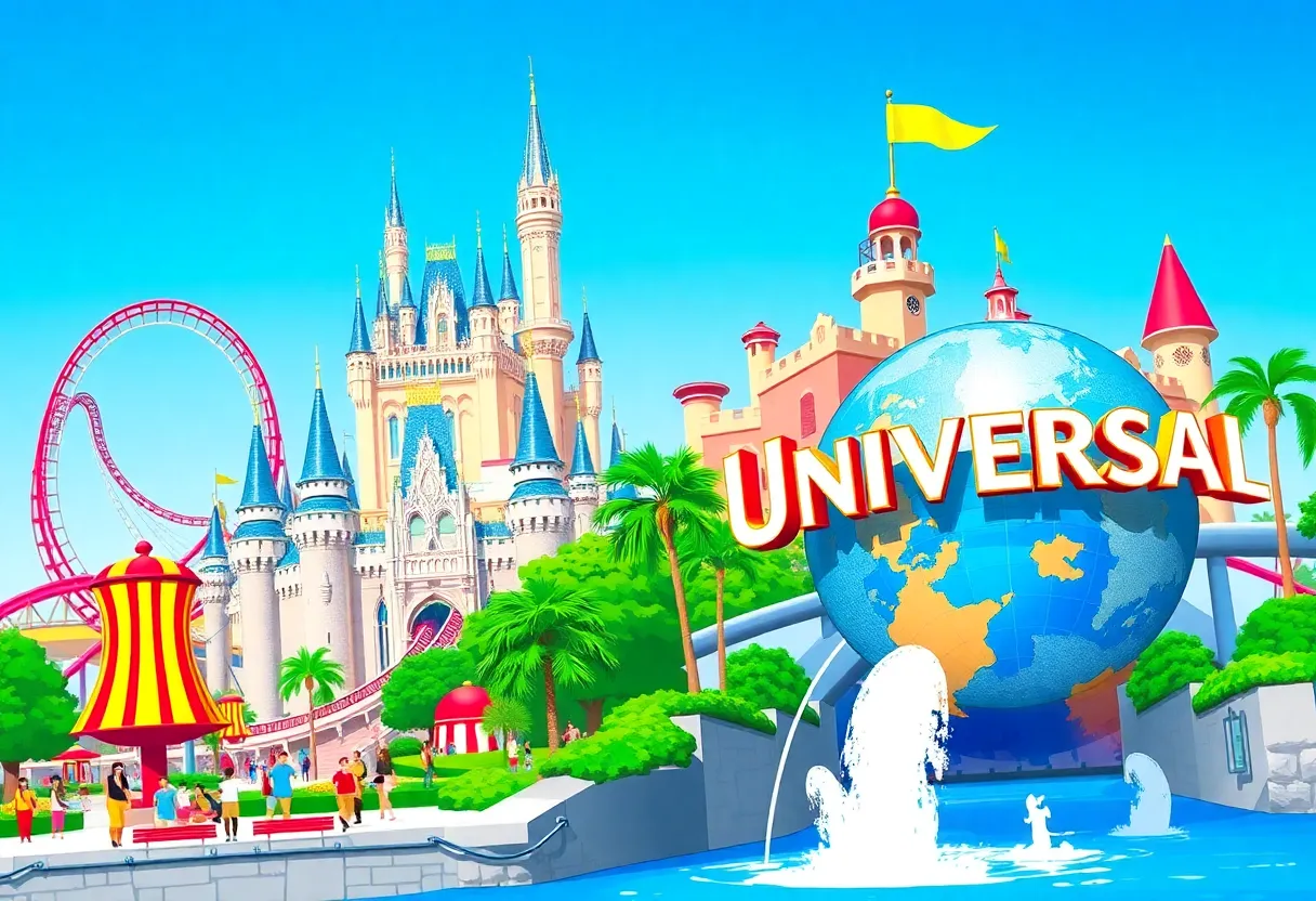 Illustration of Disney World and Universal Orlando attractions