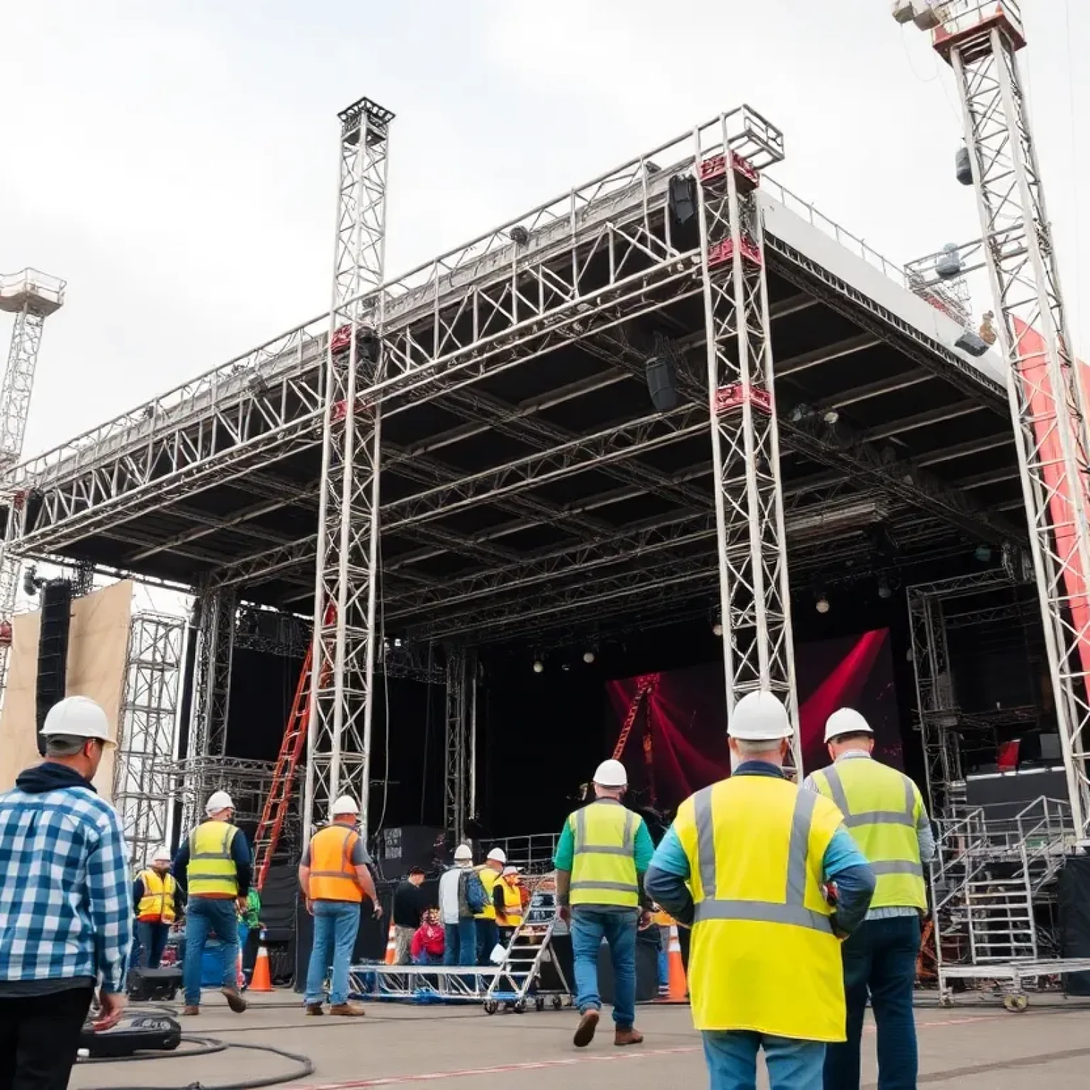 Crew setting up stages at an event with safety gear.