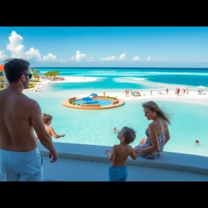 Families enjoying the luxurious lagoon and beach at Evermore Orlando Resort