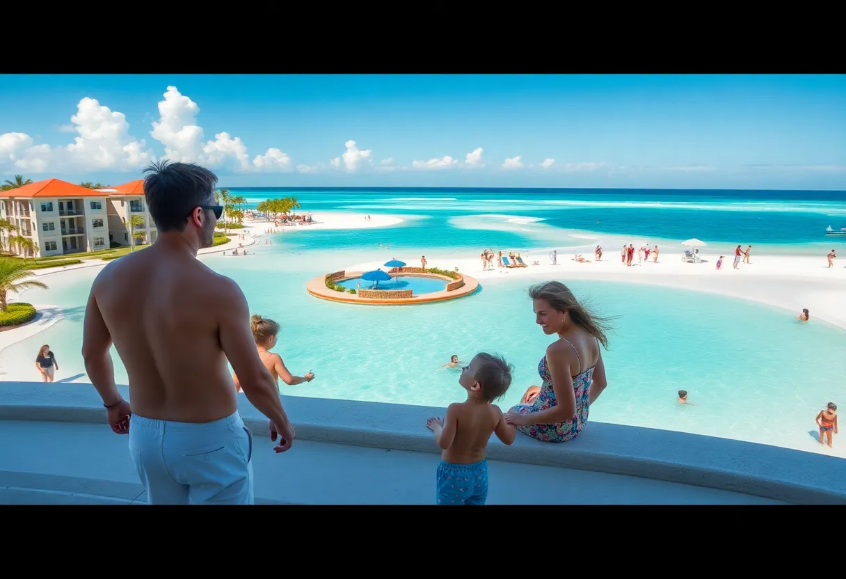 Families enjoying the luxurious lagoon and beach at Evermore Orlando Resort
