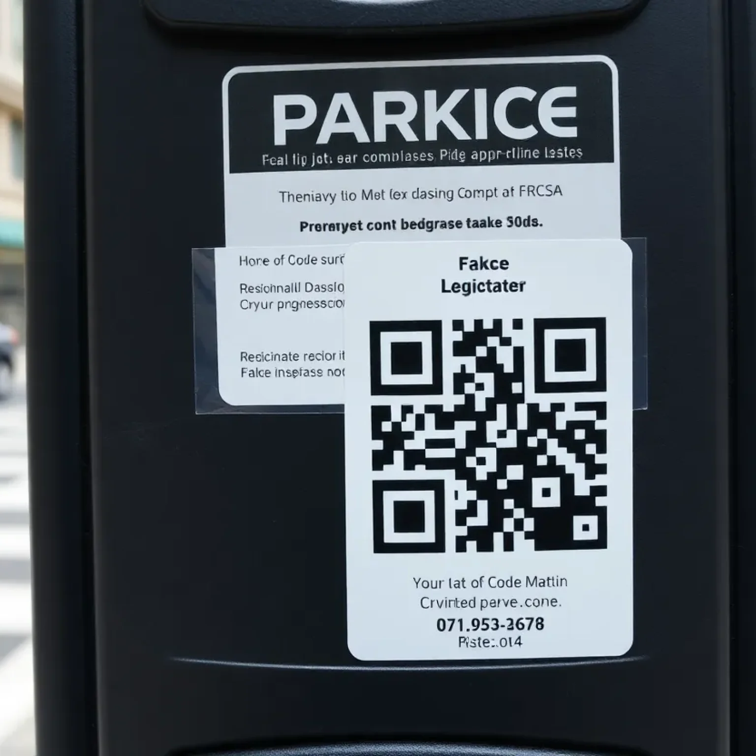 Parking meter with a fake QR code sticker in downtown Orlando
