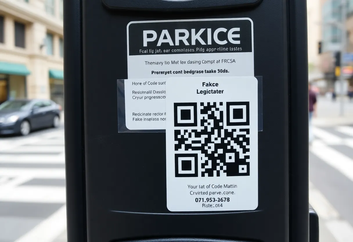 Parking meter with a fake QR code sticker in downtown Orlando