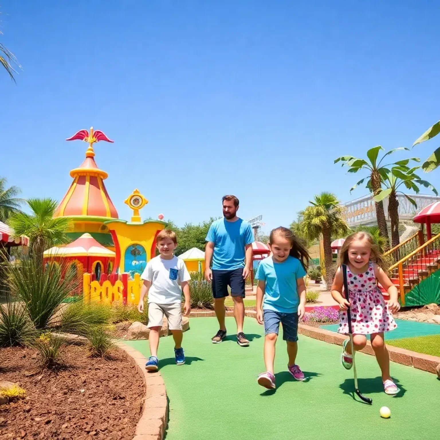 A family having fun at a colorful mini golf course.