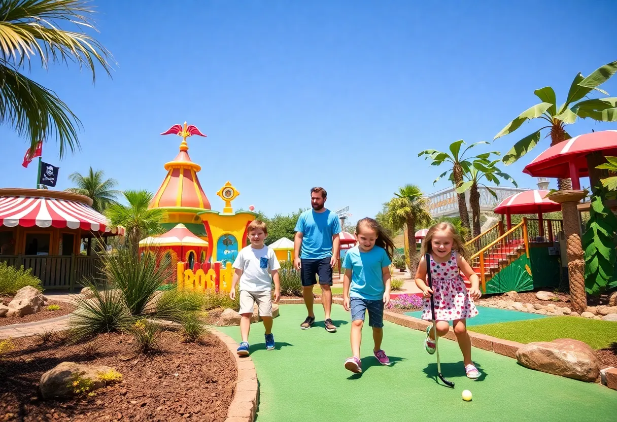 A family having fun at a colorful mini golf course.