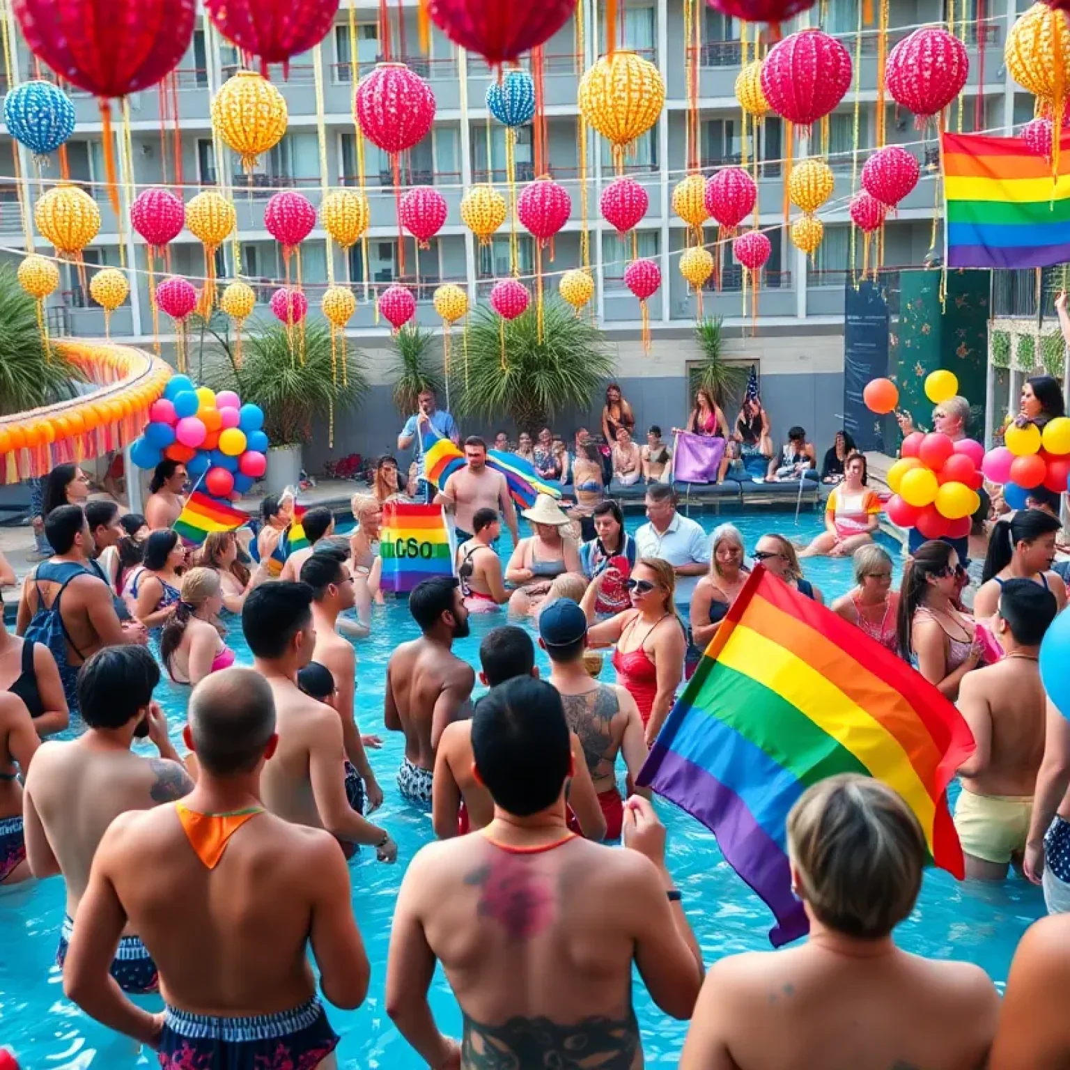 Participants celebrating at Gay Days Orlando with colorful decorations and festive atmosphere.
