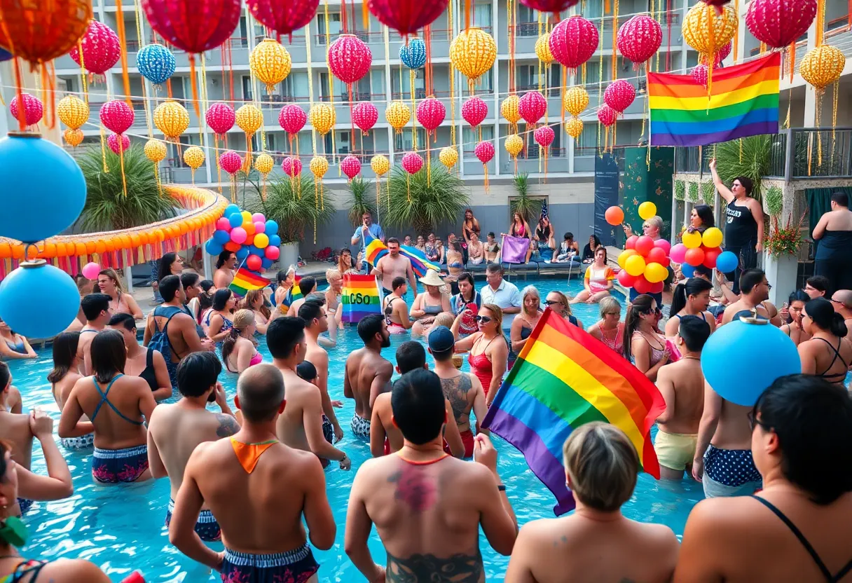 Participants celebrating at Gay Days Orlando with colorful decorations and festive atmosphere.