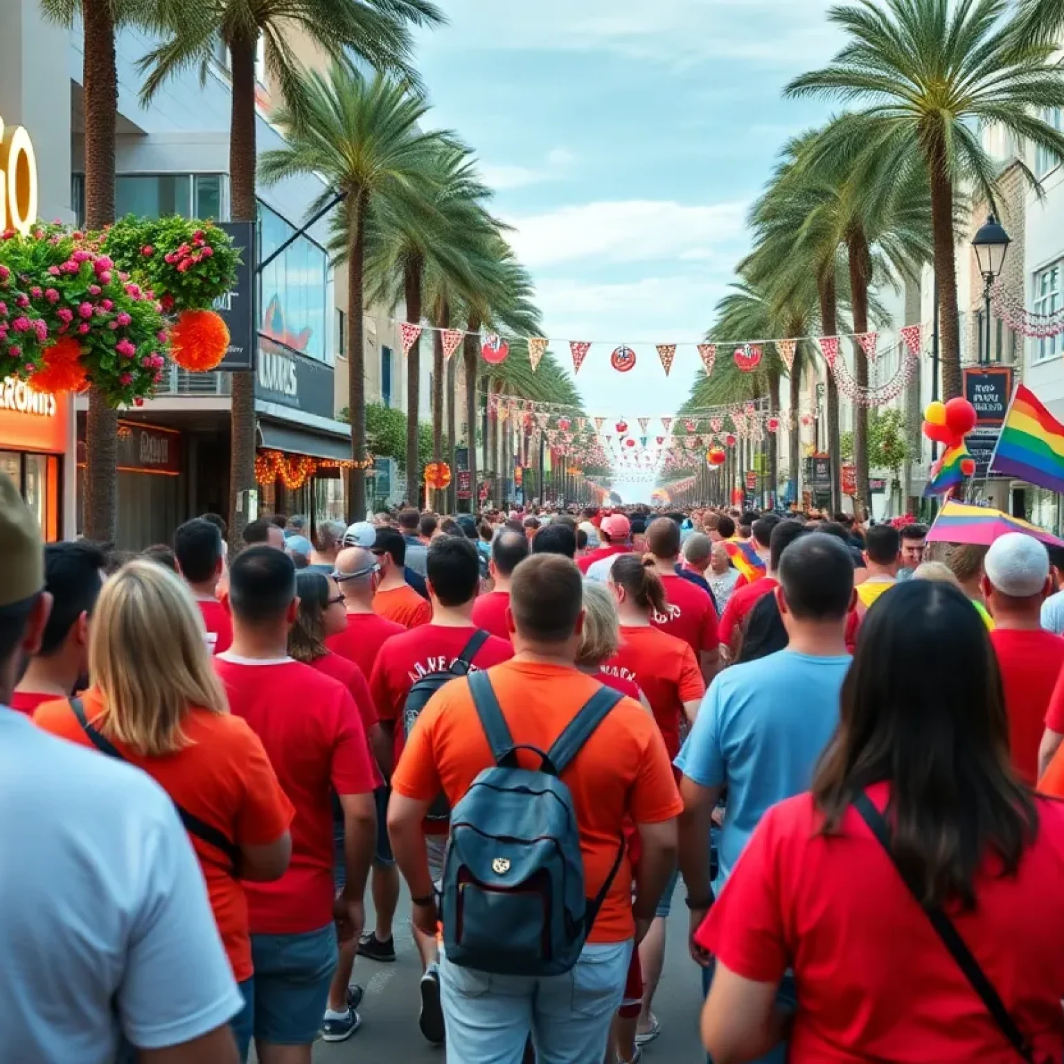 Crowds celebrating Gay Days in Orlando with red shirts and decorations.