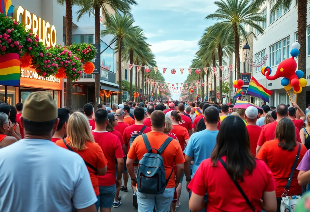 Crowds celebrating Gay Days in Orlando with red shirts and decorations.