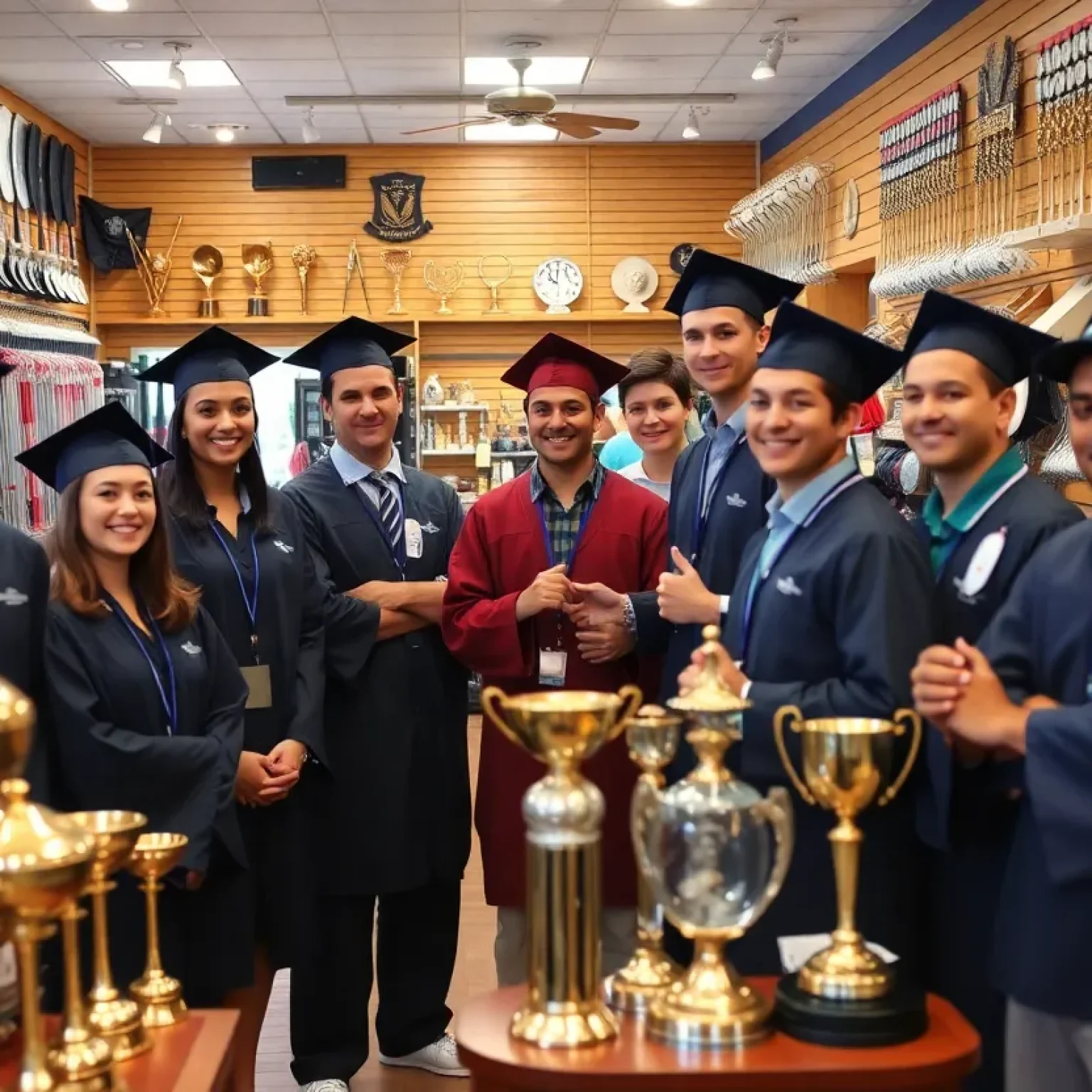 Graduates celebrating achievements in a golf retail store