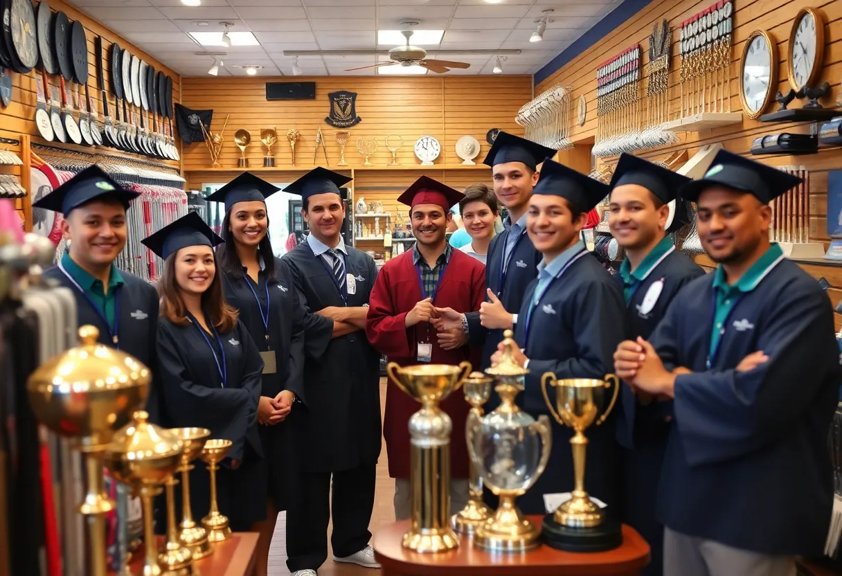 Graduates celebrating achievements in a golf retail store