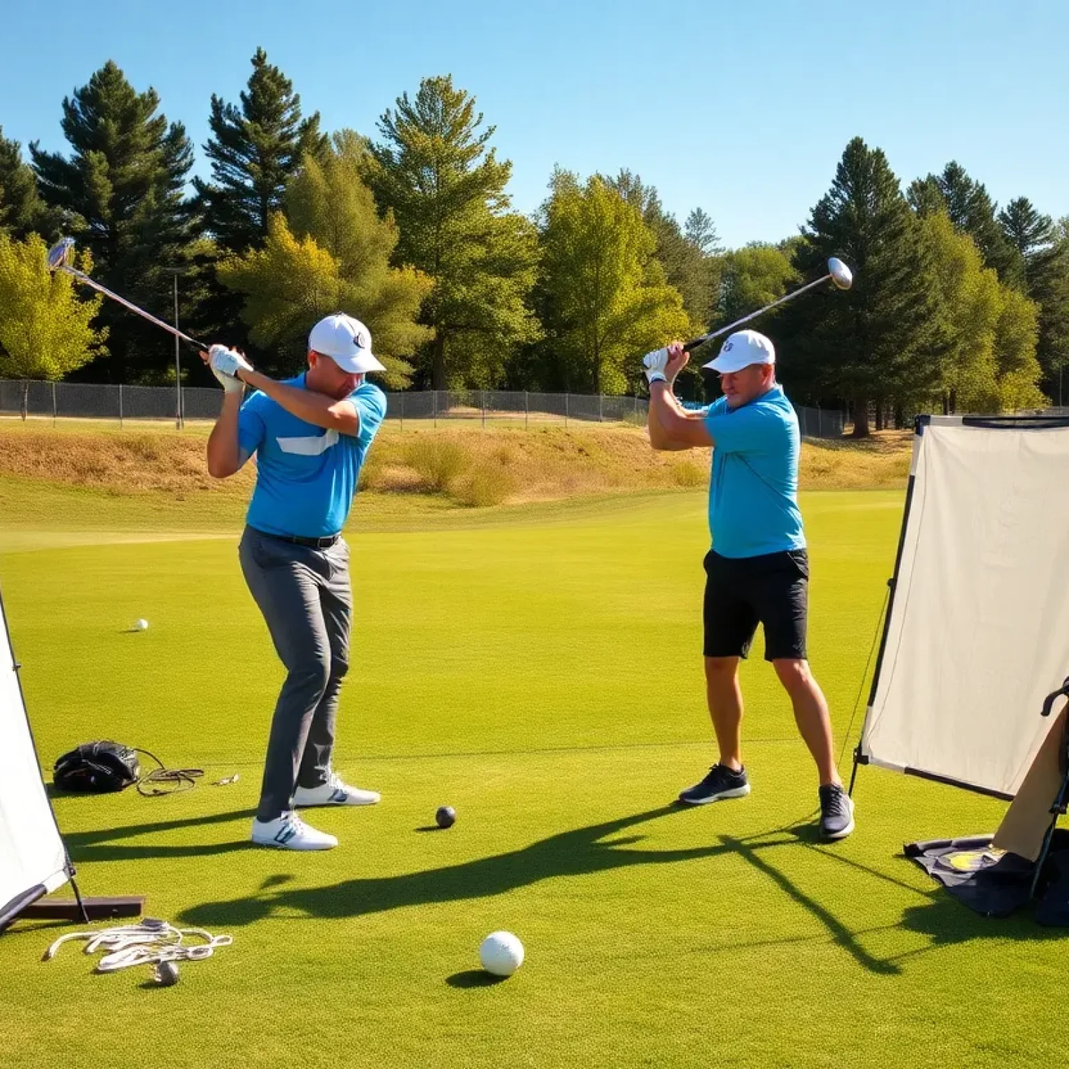 Golfers using swing training aids in an outdoor practice setting
