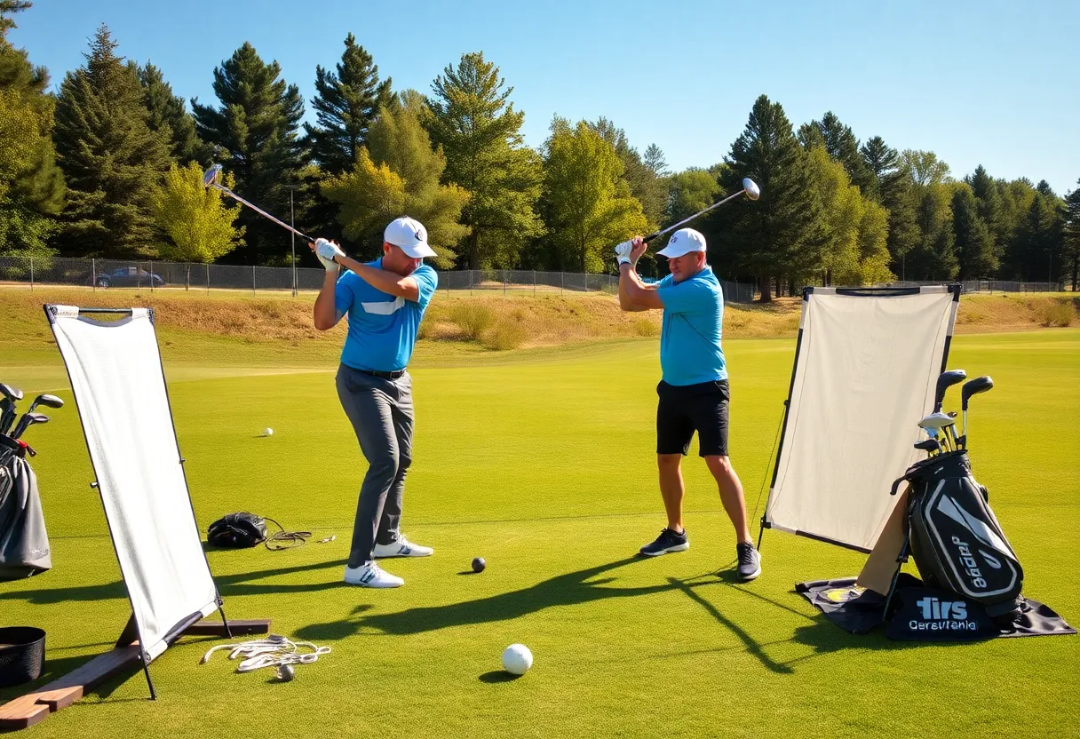Golfers using swing training aids in an outdoor practice setting