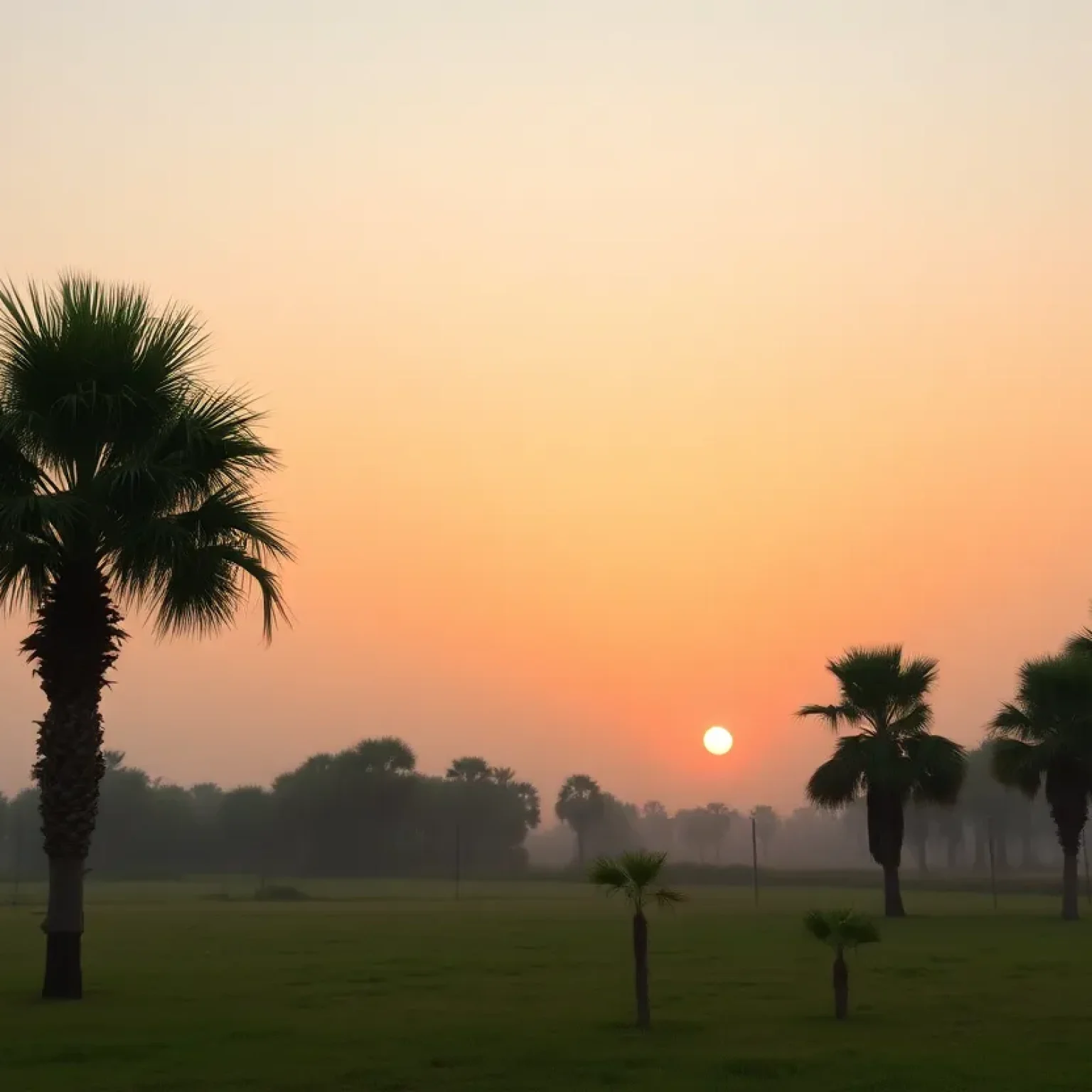Florida landscape under a haze from Saharan dust with palm trees