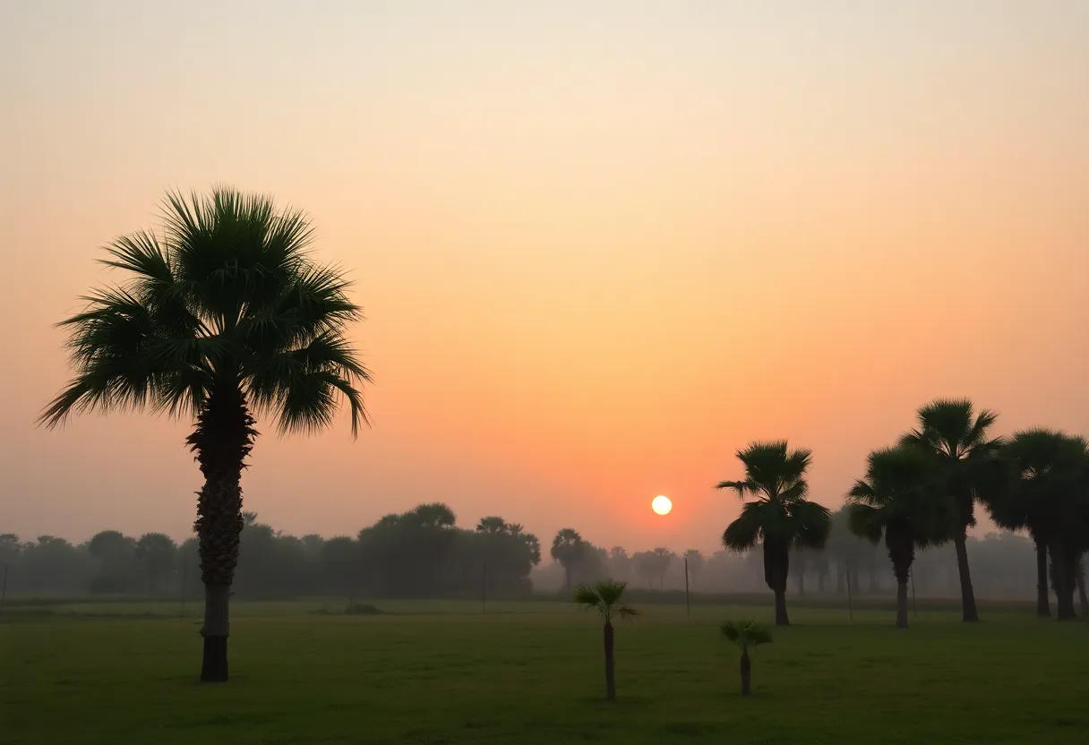 Florida landscape under a haze from Saharan dust with palm trees