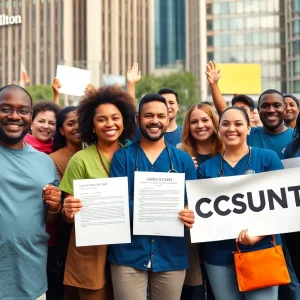 Diverse group of hotel workers celebrating their contract success