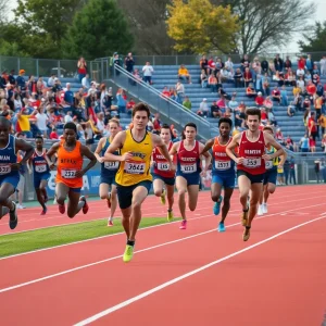 Holy Cross track and field athletes competing outdoors at an invitational event