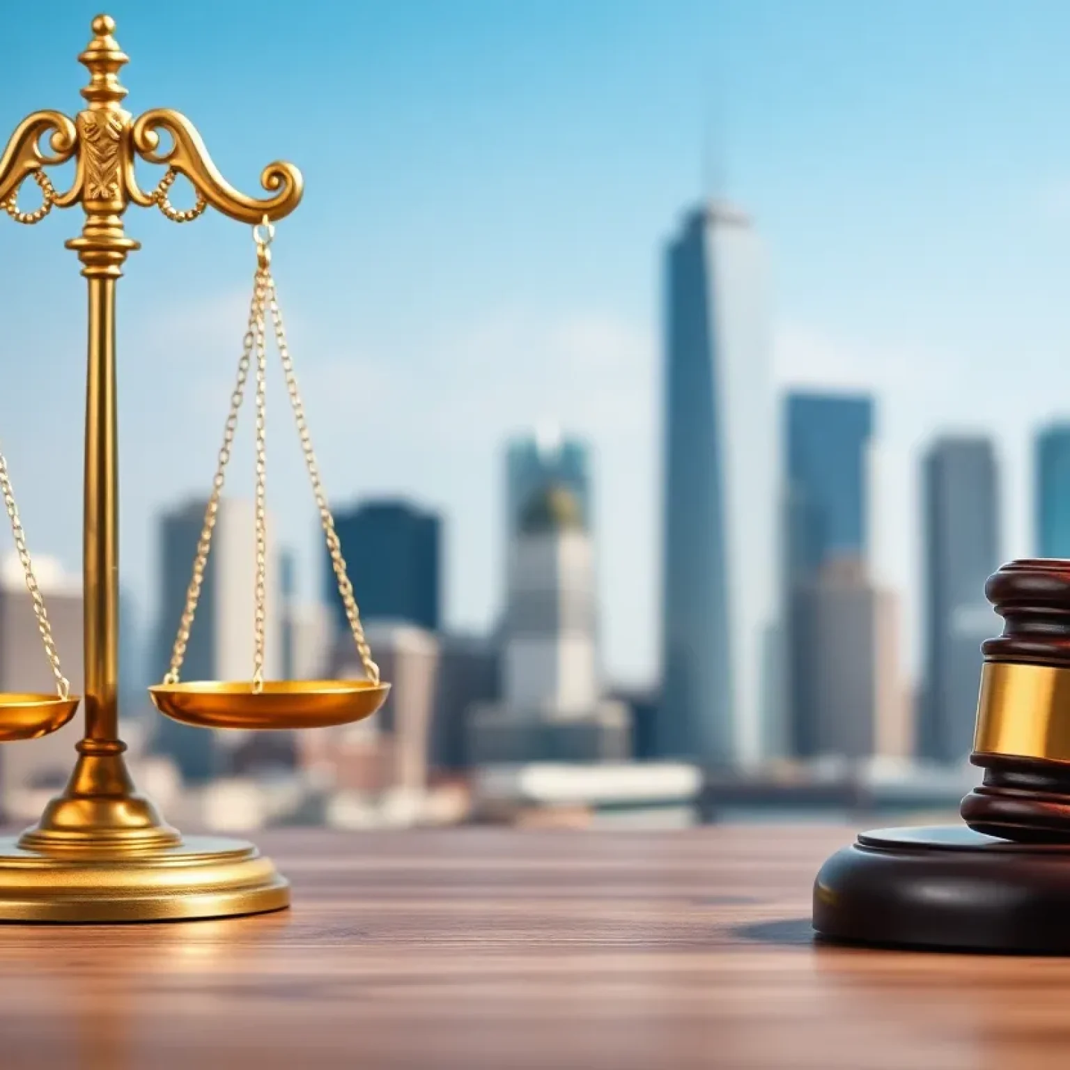 Symbolic image of justice with scales and gavel against a city skyline