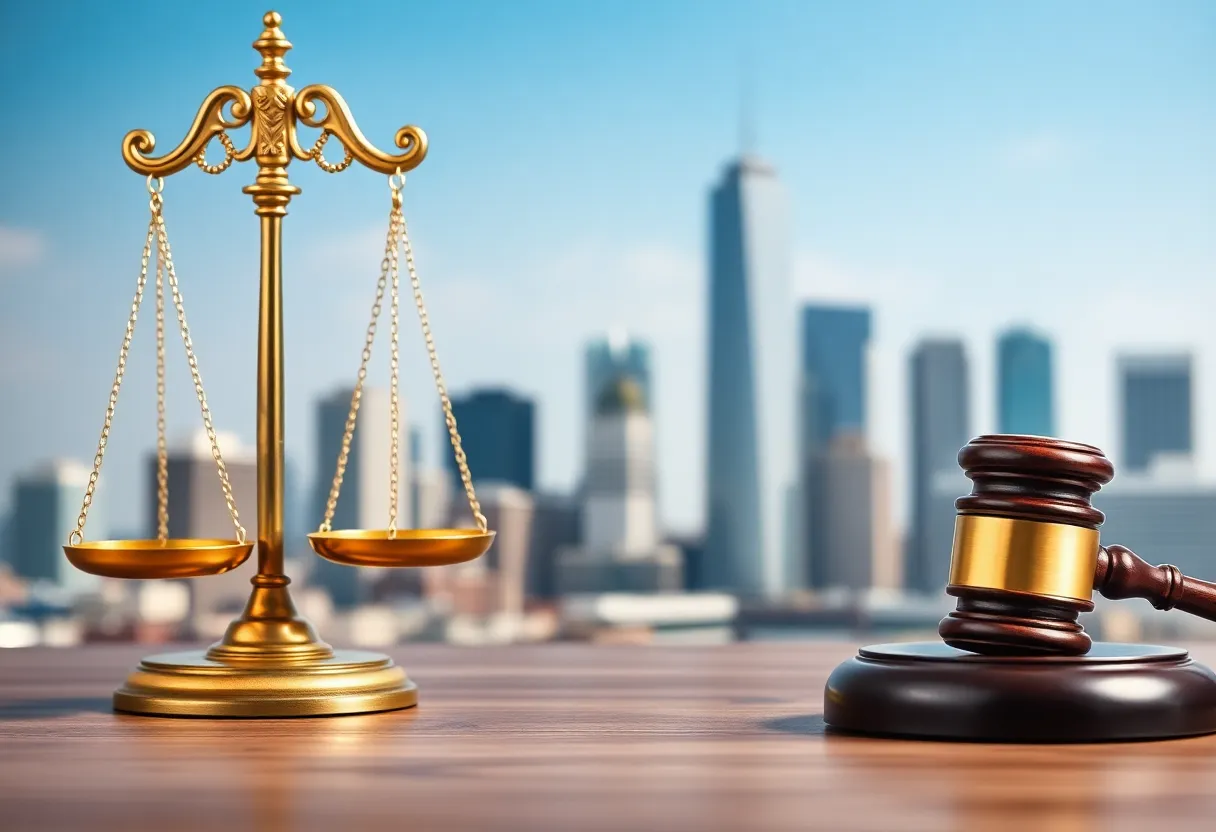 Symbolic image of justice with scales and gavel against a city skyline