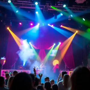 Stage setup for Justin Willman's 2025 tour with magical elements.