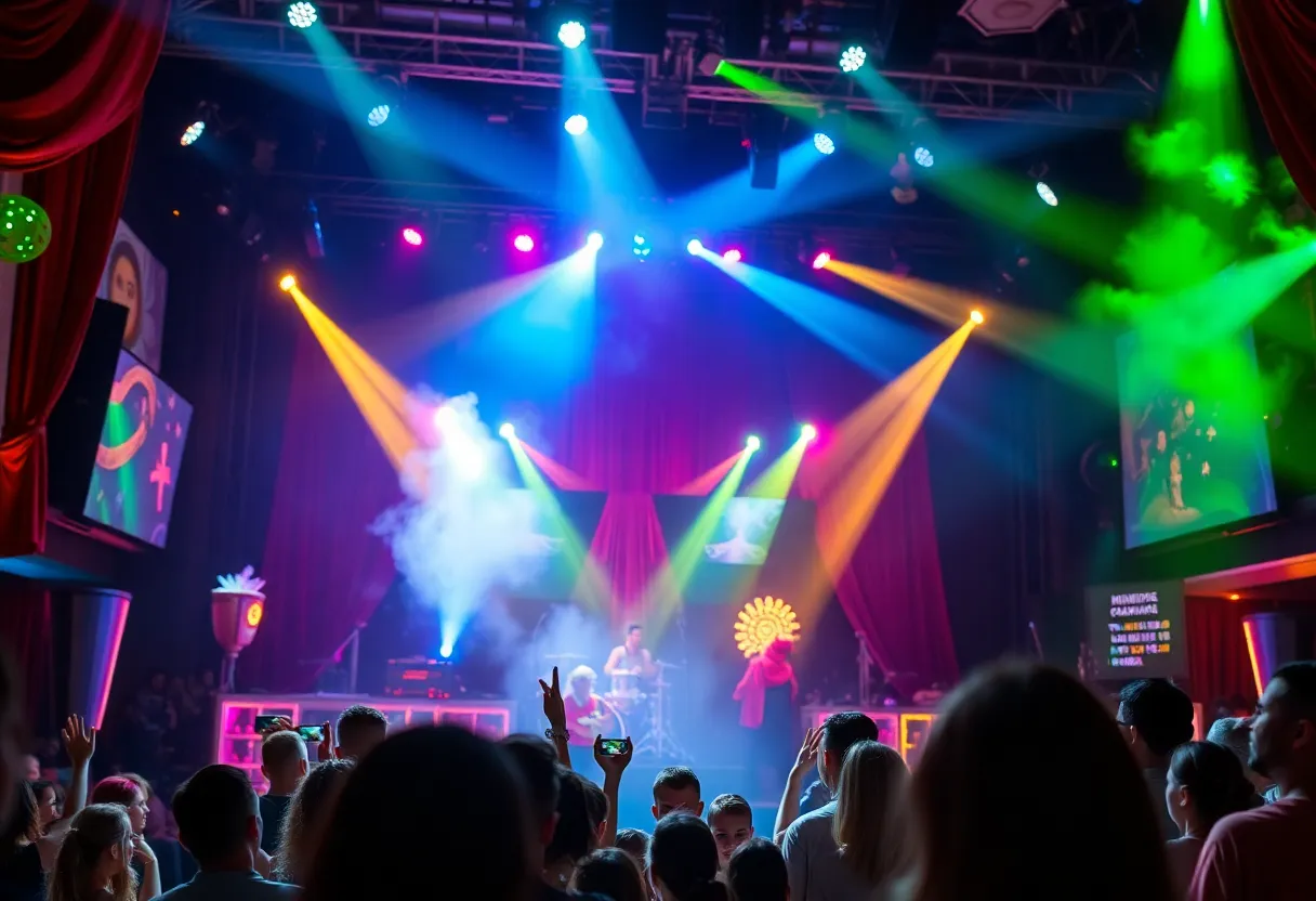 Stage setup for Justin Willman's 2025 tour with magical elements.