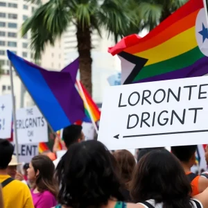 A diverse group of people holding banners at an LGBTQ+ rights rally in Orlando