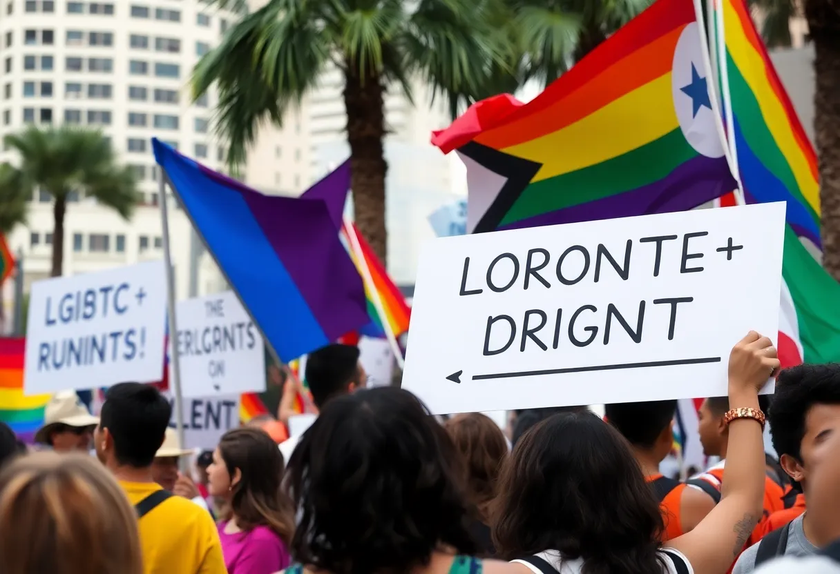 A diverse group of people holding banners at an LGBTQ+ rights rally in Orlando