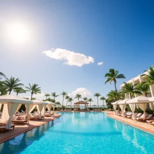 Luxury resort pool with palm trees and cabanas in Florida