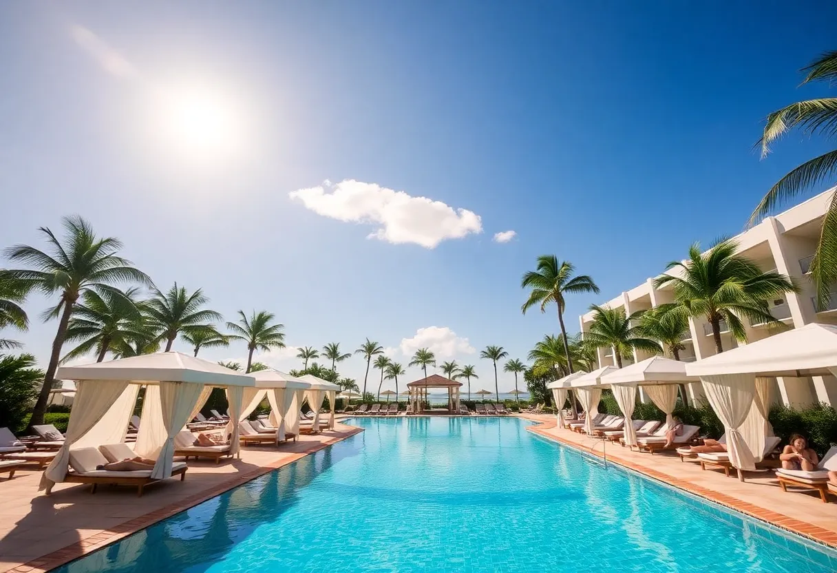 Luxury resort pool with palm trees and cabanas in Florida