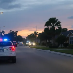 Law enforcement officers arresting an individual in a suburban area.