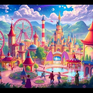 Futuristic Disney theme park with attractions and characters
