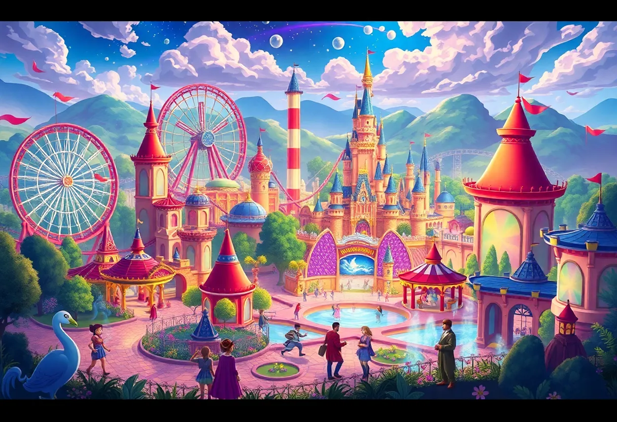 Futuristic Disney theme park with attractions and characters