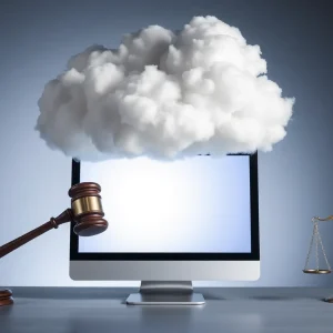 Image depicting online threats and justice with a computer screen and legal symbols.