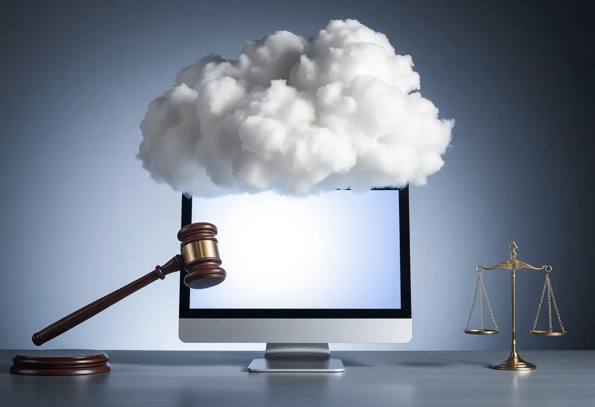 Image depicting online threats and justice with a computer screen and legal symbols.