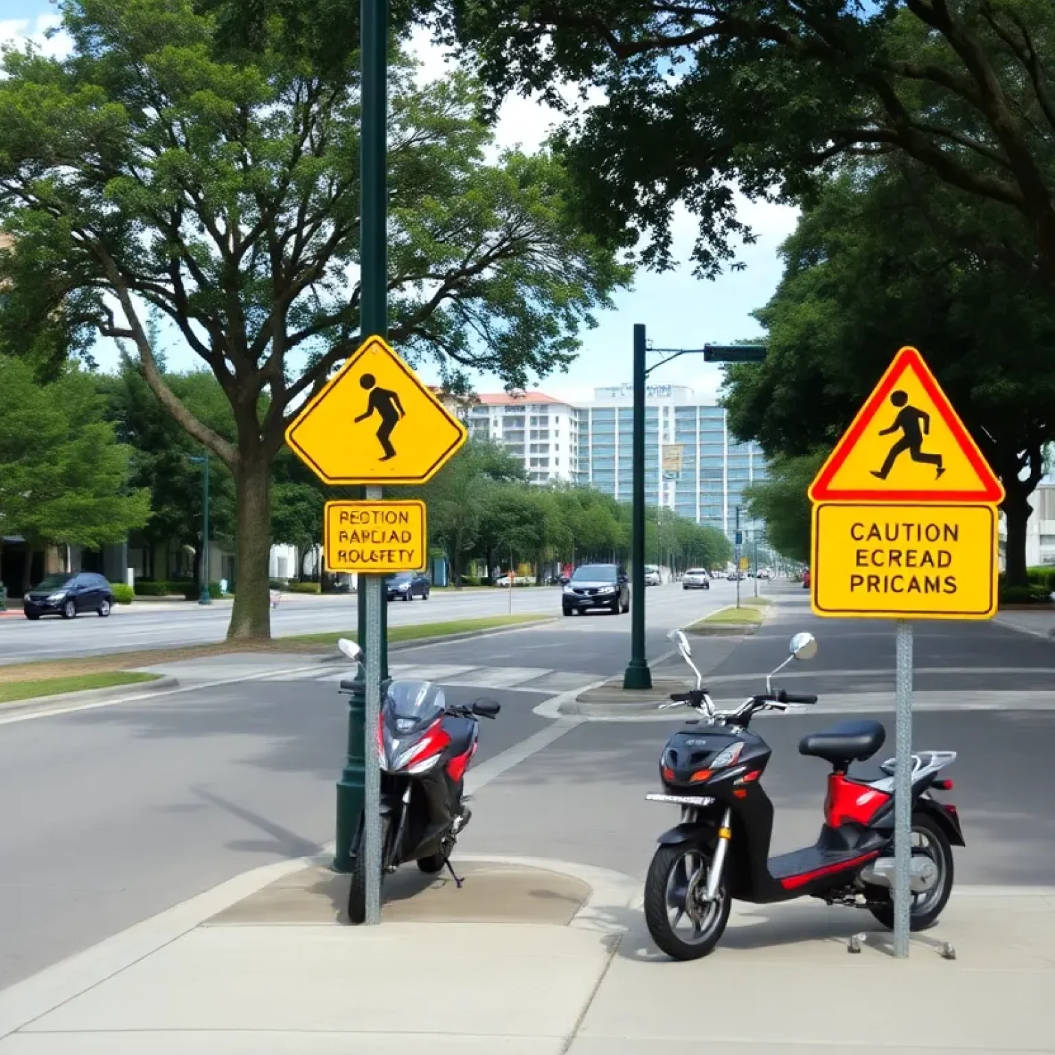 Urban street in Orlando showing mini-bikes parked near caution signs for road safety.