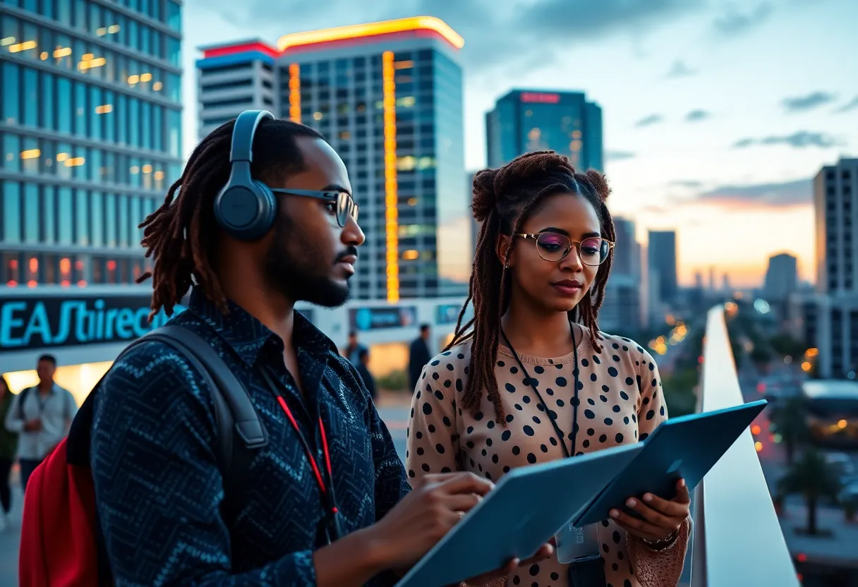 Cityscape of Orlando with technology elements representing the AI-driven job market.