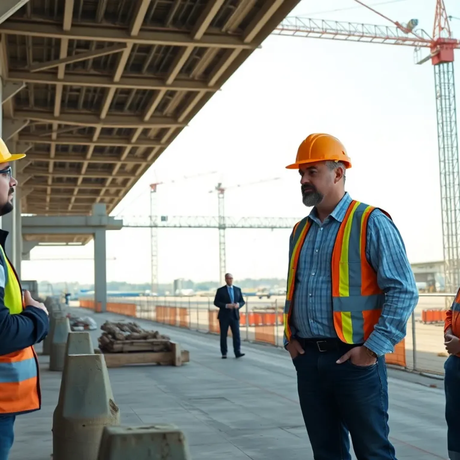 Contractors discussing over construction plans at Orlando International Airport