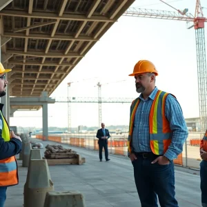 Contractors discussing over construction plans at Orlando International Airport