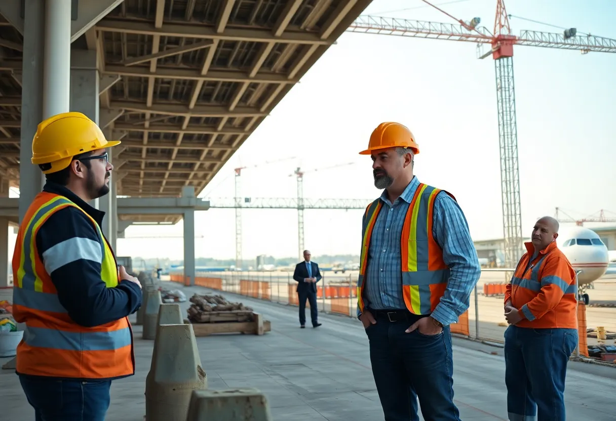 Contractors discussing over construction plans at Orlando International Airport